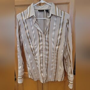 New York & Company Cream and Tan Striped Button-Down Shirt